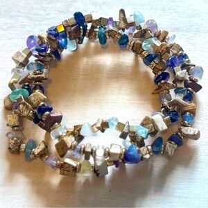 Triple Wrap Fluorite & Picture Jasper Chips Stretchy Bracelet w/Gold Hematite
